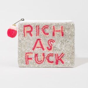 RICH AS Seed Beaded Silver Sparkle Bead Zipper Makeup Money Storage Pouch NEW